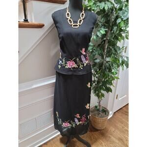 Plaza South Women's Black Floral Linen & Rayon Top & Skirt 2 Piece Dress Size 14